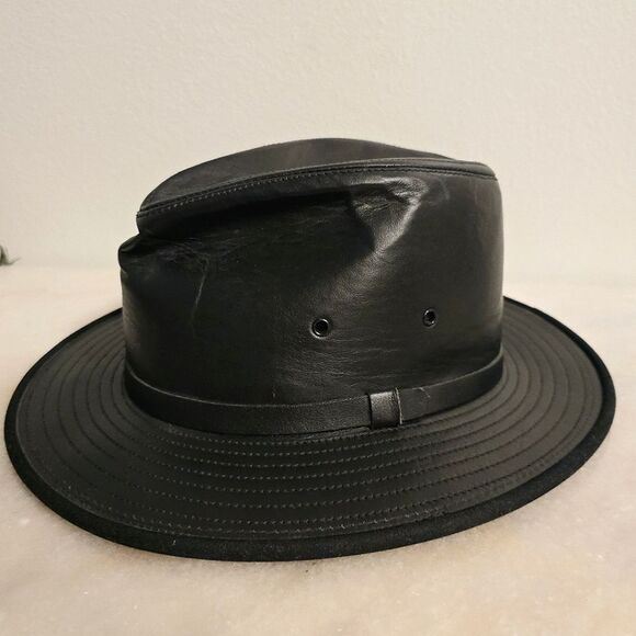 Wilsons Genuine Black Leather Safari Hat Vintage Made In USA Medium - Picture 1 of 8